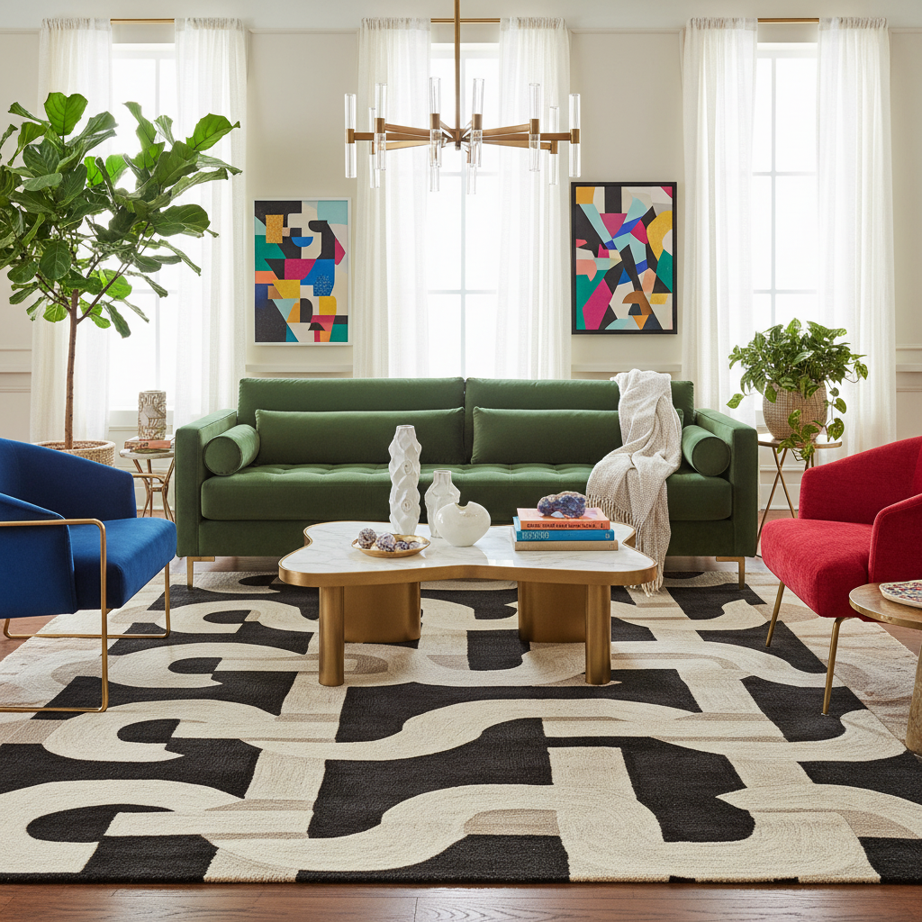 Modern living room with a green sofa, a contemporary chain lock wool rug, red chair, and colorful abstract art.
