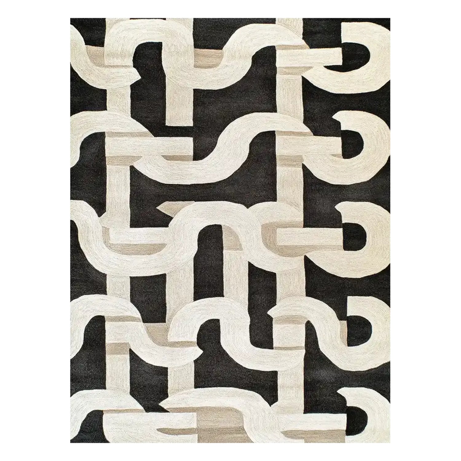 This contemporary area rug features a striking abstract pattern in black and cream tones, perfect for enhancing any living room decor. Made from hand-tufted wool, the 'Intertwined Reverie' rug offers a blend of modern style and comfort. Its 8x10 size makes it an ideal choice for spacious living areas, adding both warmth and a touch of elegance.