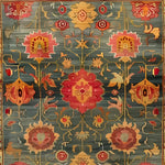 This wool hand-knotted area rug showcases a vibrant floral design, featuring intricate patterns of reds, yellows, and greens on a dark background. Perfect as a square rug for the bedroom or living room, it embodies a vintage Persian style. Ideal for those seeking elegant area rugs for living spaces.