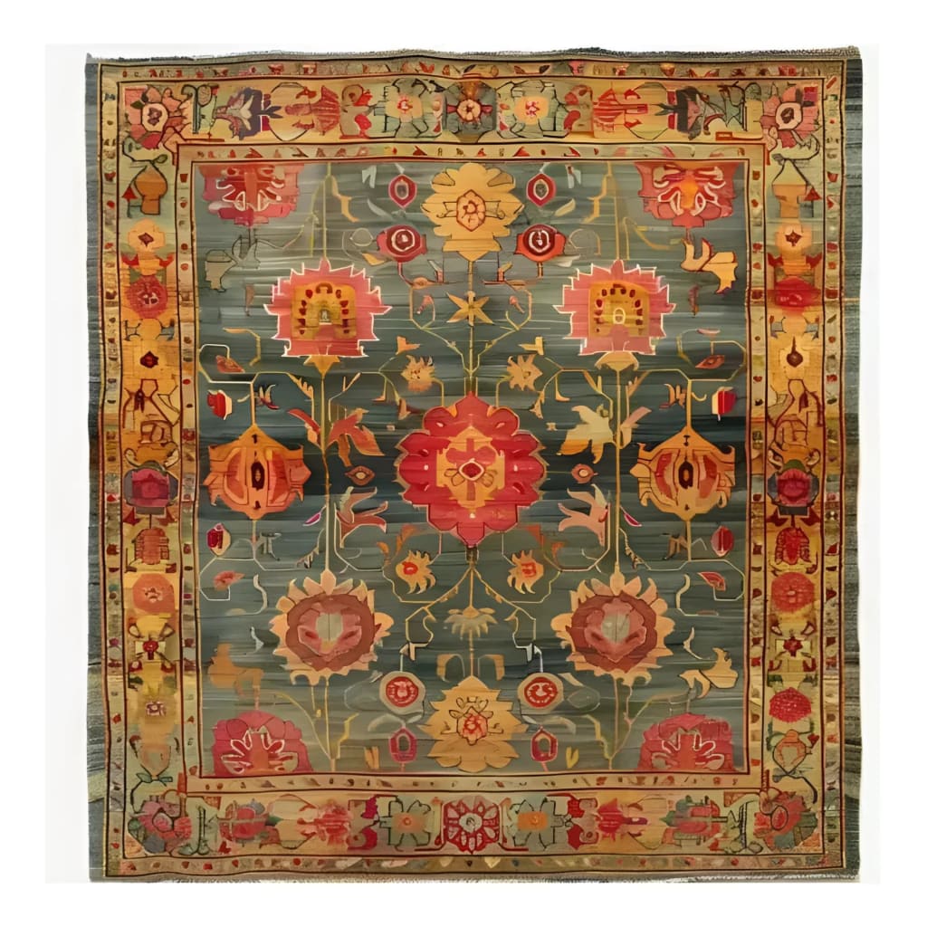 Intricate Bloom Wool Hand Knotted Area Rug featuring a vintage floral design with vibrant colors. This square area rug, perfect for a bedroom or living room, showcases Persian rug influences with detailed floral patterns and a rich wool texture, ideal for those seeking high-quality area rugs for living room spaces.