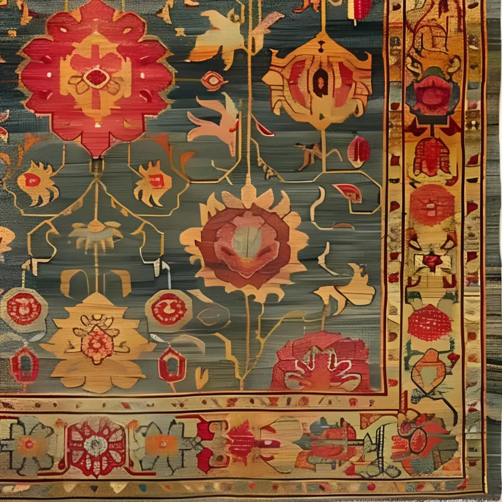 Close-up of the Intricate Bloom Wool Hand Knotted Area Rug showcasing its vibrant floral design. This vintage square rug features a rich tapestry of red, gold, and blue hues, making it a perfect wool rug for bedrooms or living rooms. Ideal for adding a touch of Persian elegance to any space.