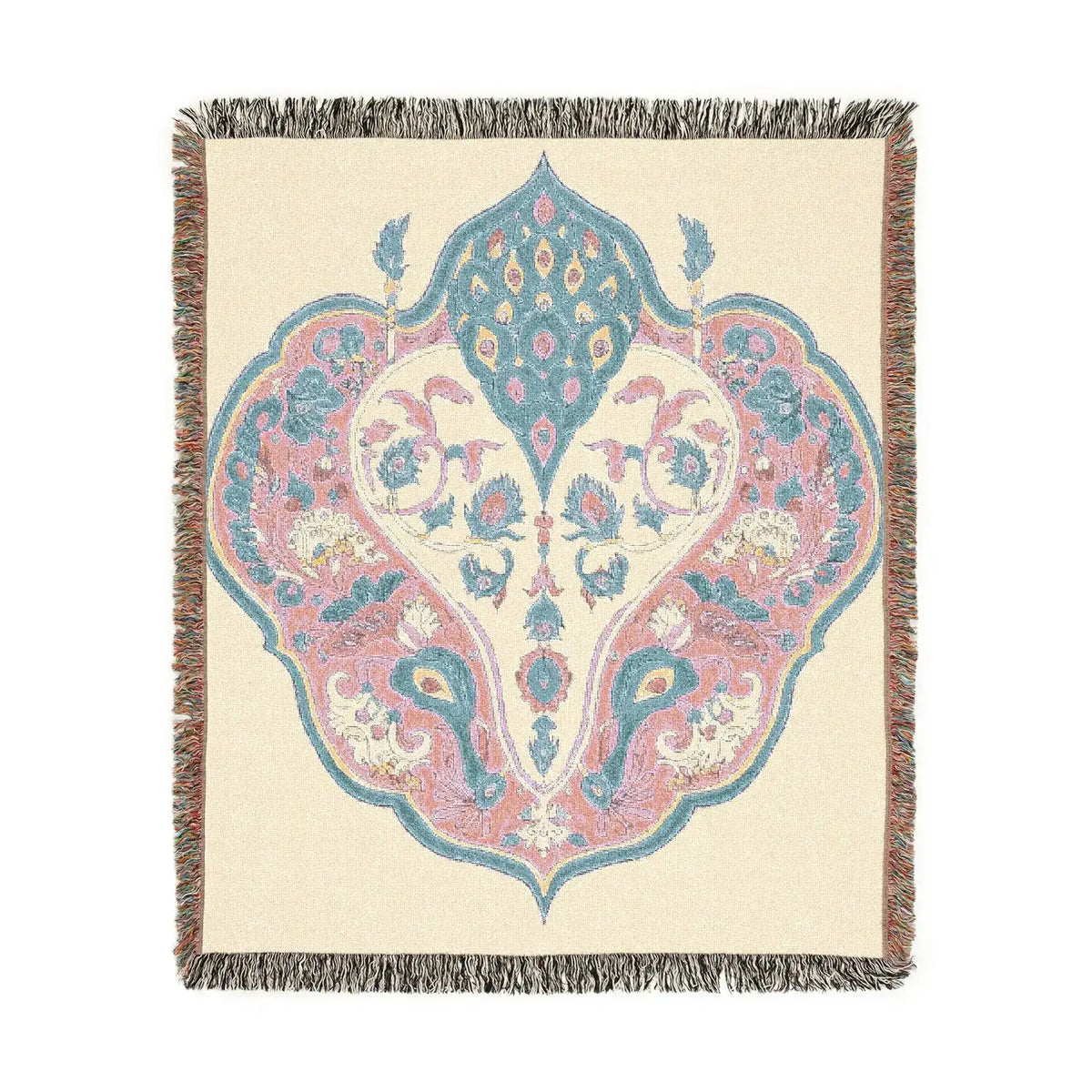 Woven blanket square crop showing cream background pink-blue ornate bird and floral medallion with fringe border, Intricate Floral and Bird Motif Woven Blanket
