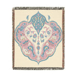 Woven blanket square crop showing cream background pink-blue ornate bird and floral medallion with fringe border, Intricate Floral and Bird Motif Woven Blanket