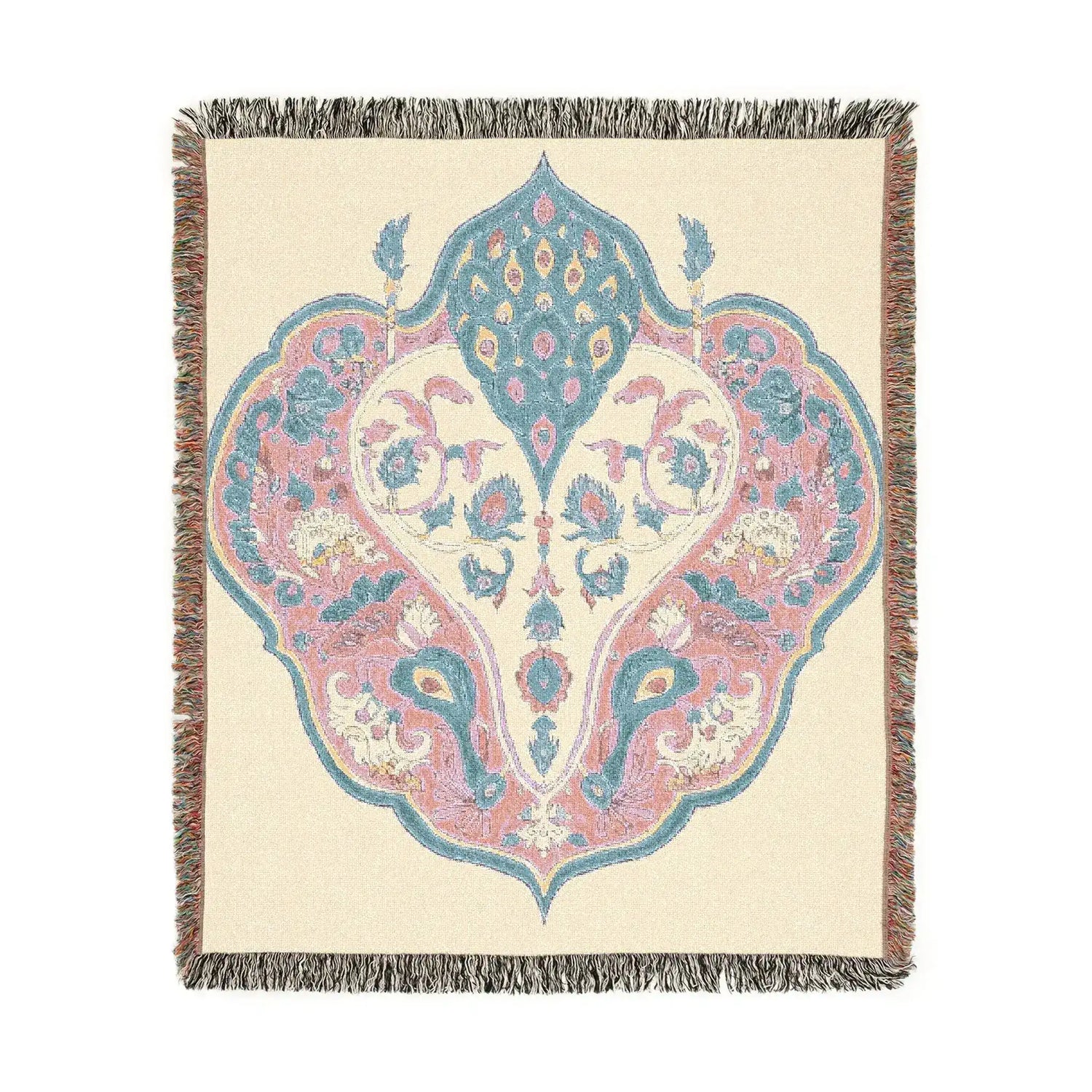 Woven blanket square crop showing cream background pink-blue ornate bird and floral medallion with fringe border, Intricate Floral and Bird Motif Woven Blanket
