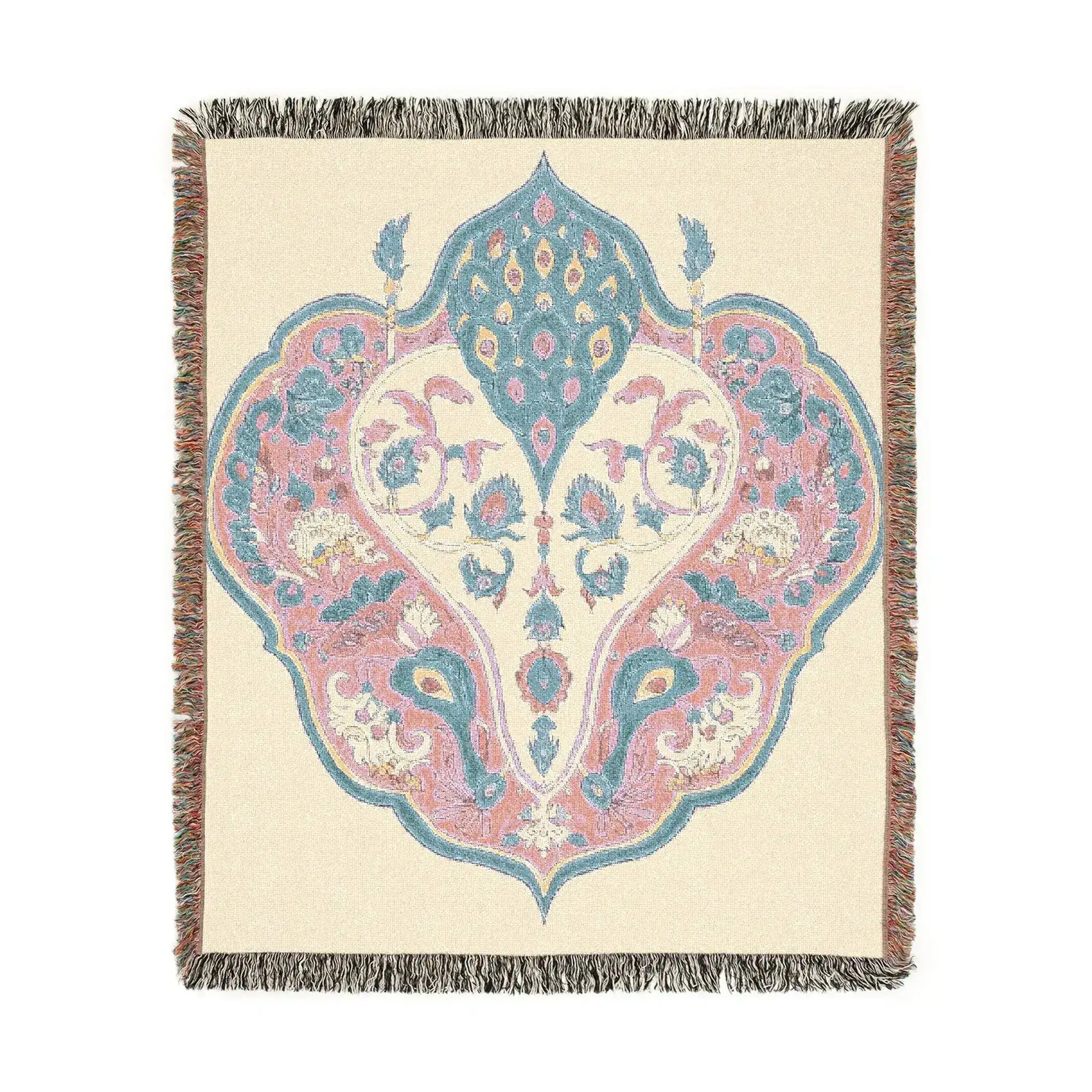 Woven blanket square crop showing cream background pink-blue ornate bird and floral medallion with fringe border, Intricate Floral and Bird Motif Woven Blanket