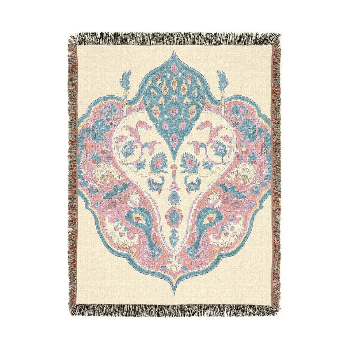 Rectangular woven blanket with fringe, cream ground, pink-blue ornate bird and floral arabesque medallion, Intricate Floral and Bird Motif Woven Blanket