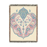 Rectangular woven blanket with fringe, cream ground, pink-blue ornate bird and floral arabesque medallion, Intricate Floral and Bird Motif Woven Blanket