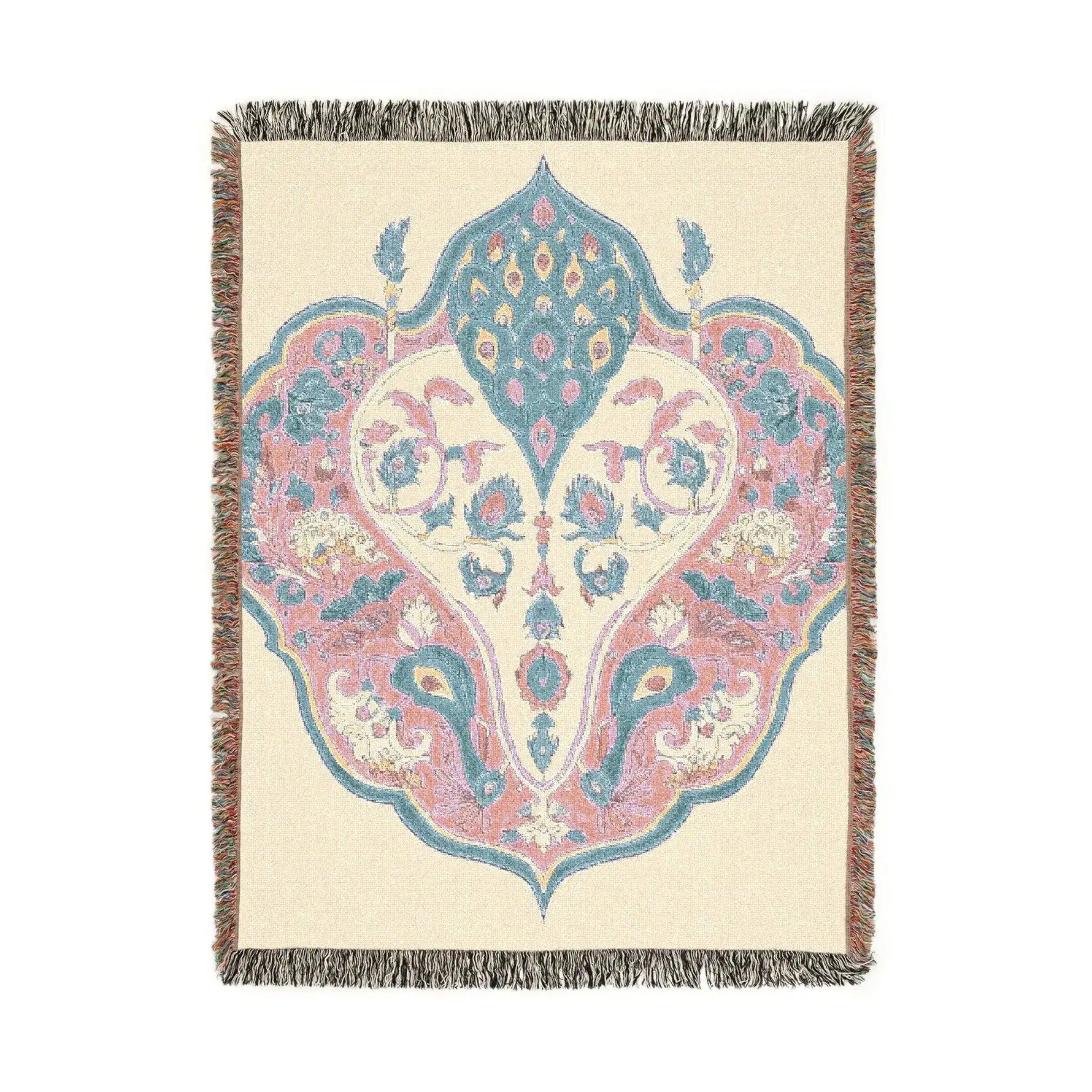 Rectangular woven blanket with fringe, cream ground, pink-blue ornate bird and floral arabesque medallion, Intricate Floral and Bird Motif Woven Blanket