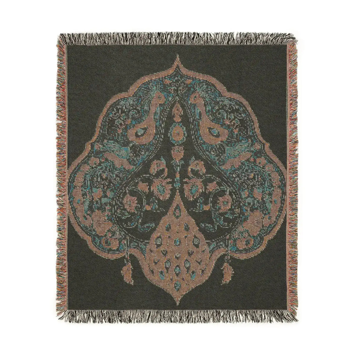 Square woven blanket, charcoal ground, teal-rose symmetrical bird and floral medallion with fringe border, Intricate Floral and Bird Motif Woven Blanket