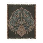 Square woven blanket, charcoal ground, teal-rose symmetrical bird and floral medallion with fringe border, Intricate Floral and Bird Motif Woven Blanket