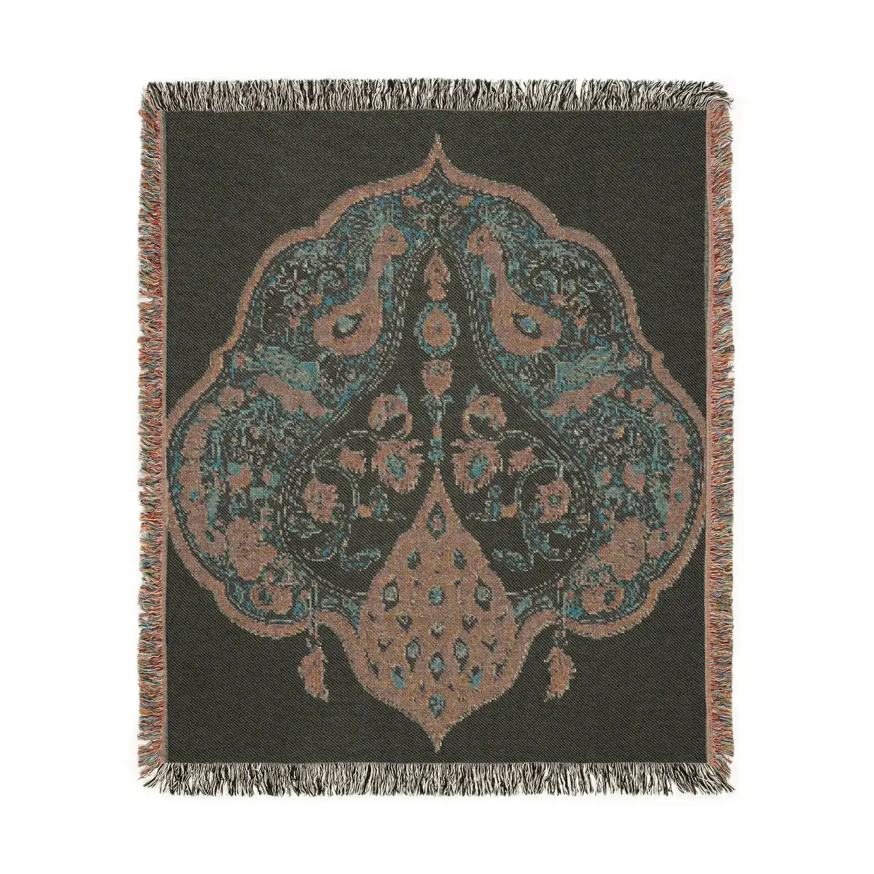 Square woven blanket, charcoal ground, teal-rose symmetrical bird and floral medallion with fringe border, Intricate Floral and Bird Motif Woven Blanket