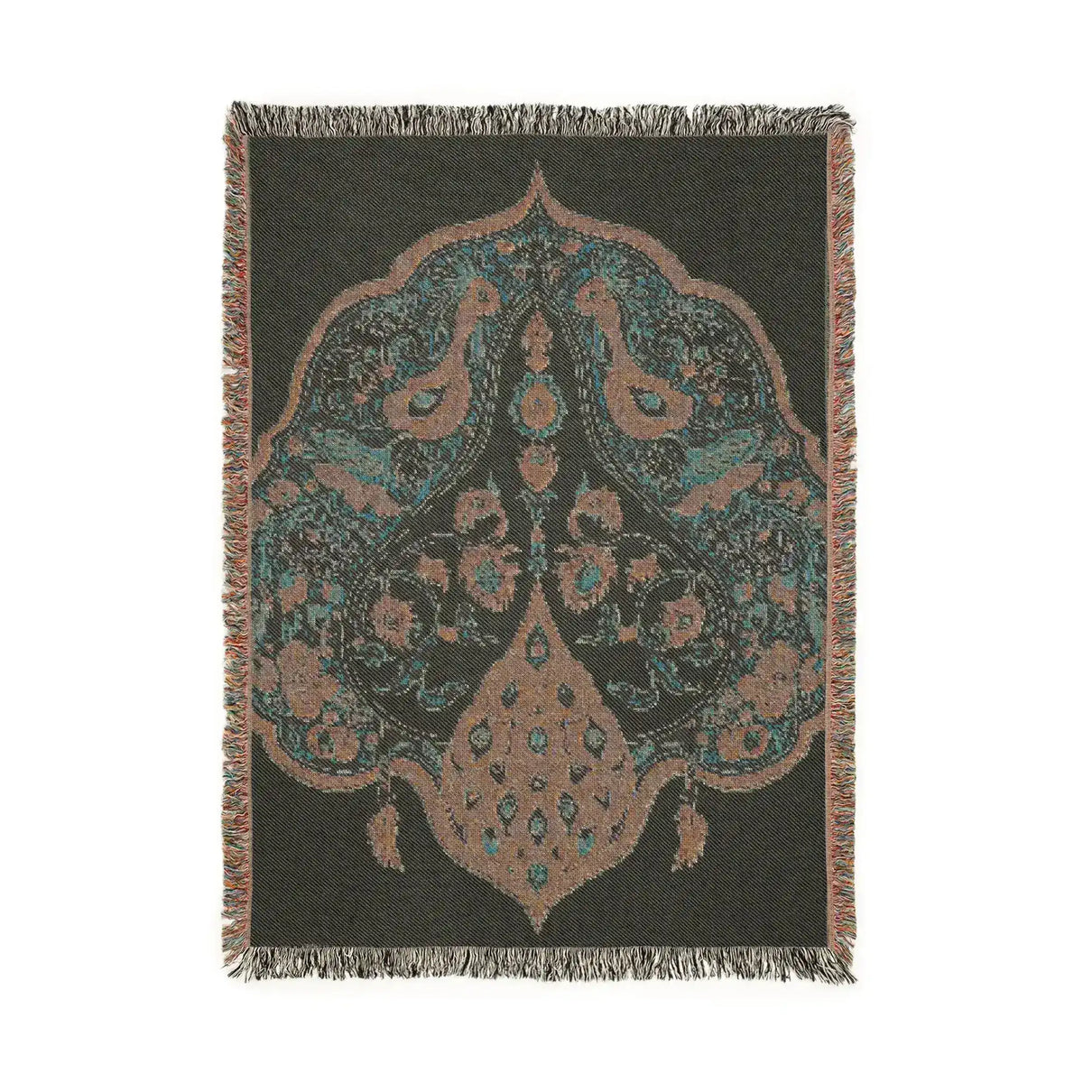 Woven blanket portrait, charcoal background, teal and rose intricate bird and arabesque medallion with fringe, Intricate Floral and Bird Motif Woven Blanket