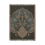 Woven blanket portrait, charcoal background, teal and rose intricate bird and arabesque medallion with fringe, Intricate Floral and Bird Motif Woven Blanket