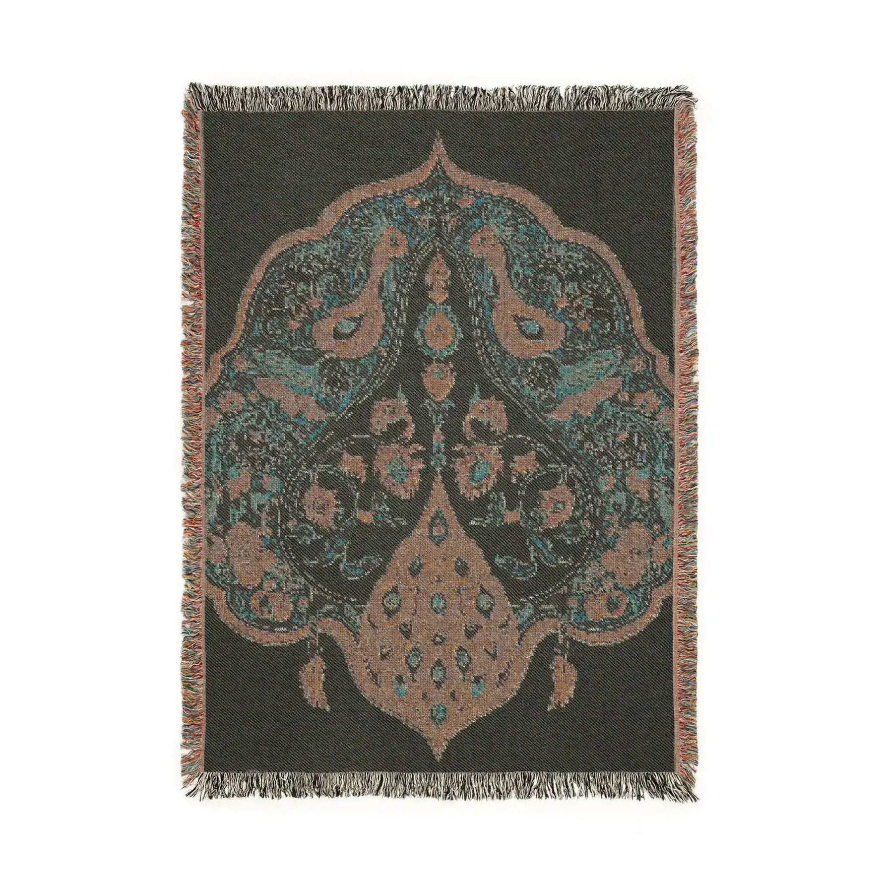 Woven blanket portrait, charcoal background, teal and rose intricate bird and arabesque medallion with fringe, Intricate Floral and Bird Motif Woven Blanket