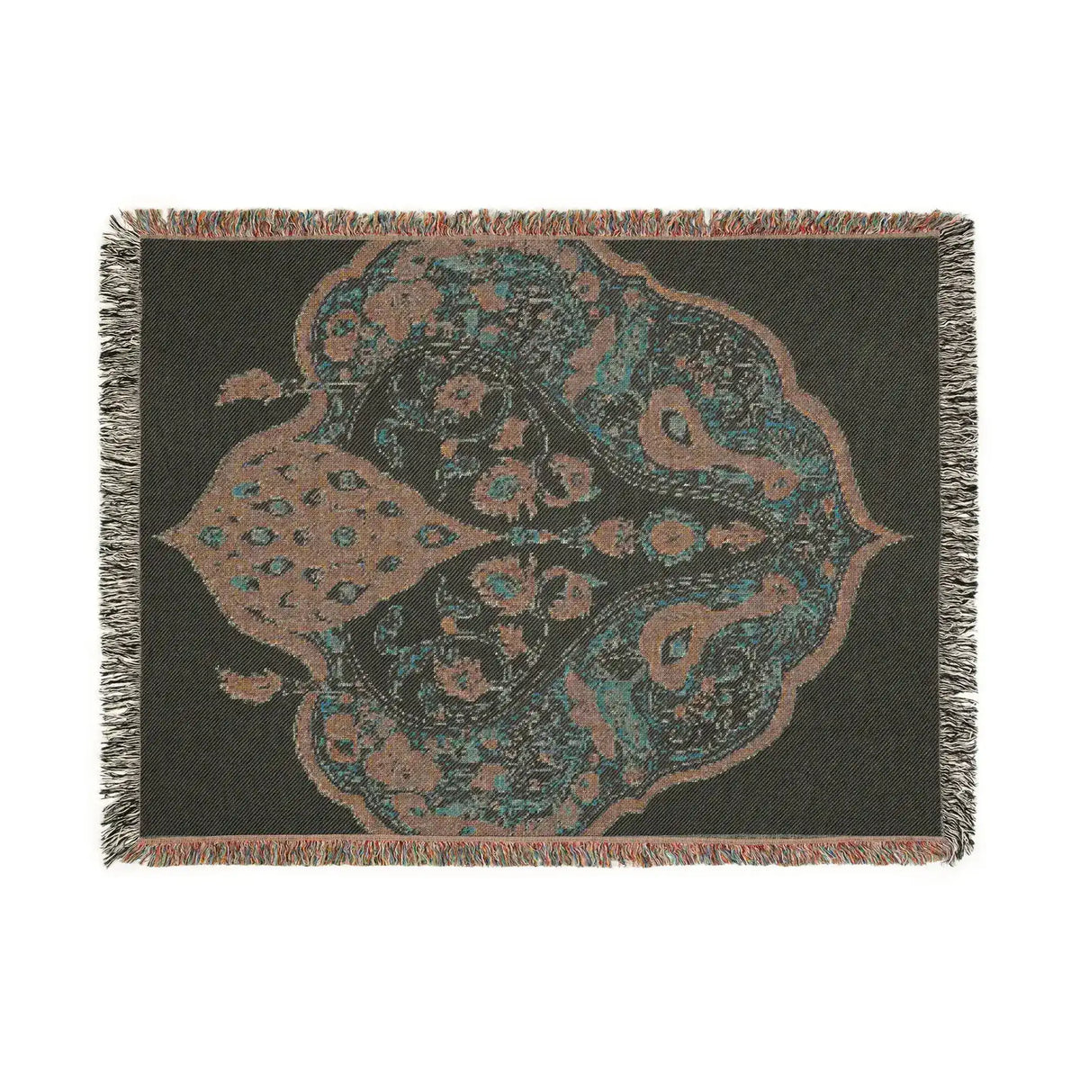 Horizontal woven blanket, charcoal background, teal-rose bird arabesque medallion with multicolor fringe, Intricate Floral and Bird Motif Woven Blanket
