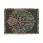 Horizontal woven blanket, charcoal background, teal-rose bird arabesque medallion with multicolor fringe, Intricate Floral and Bird Motif Woven Blanket