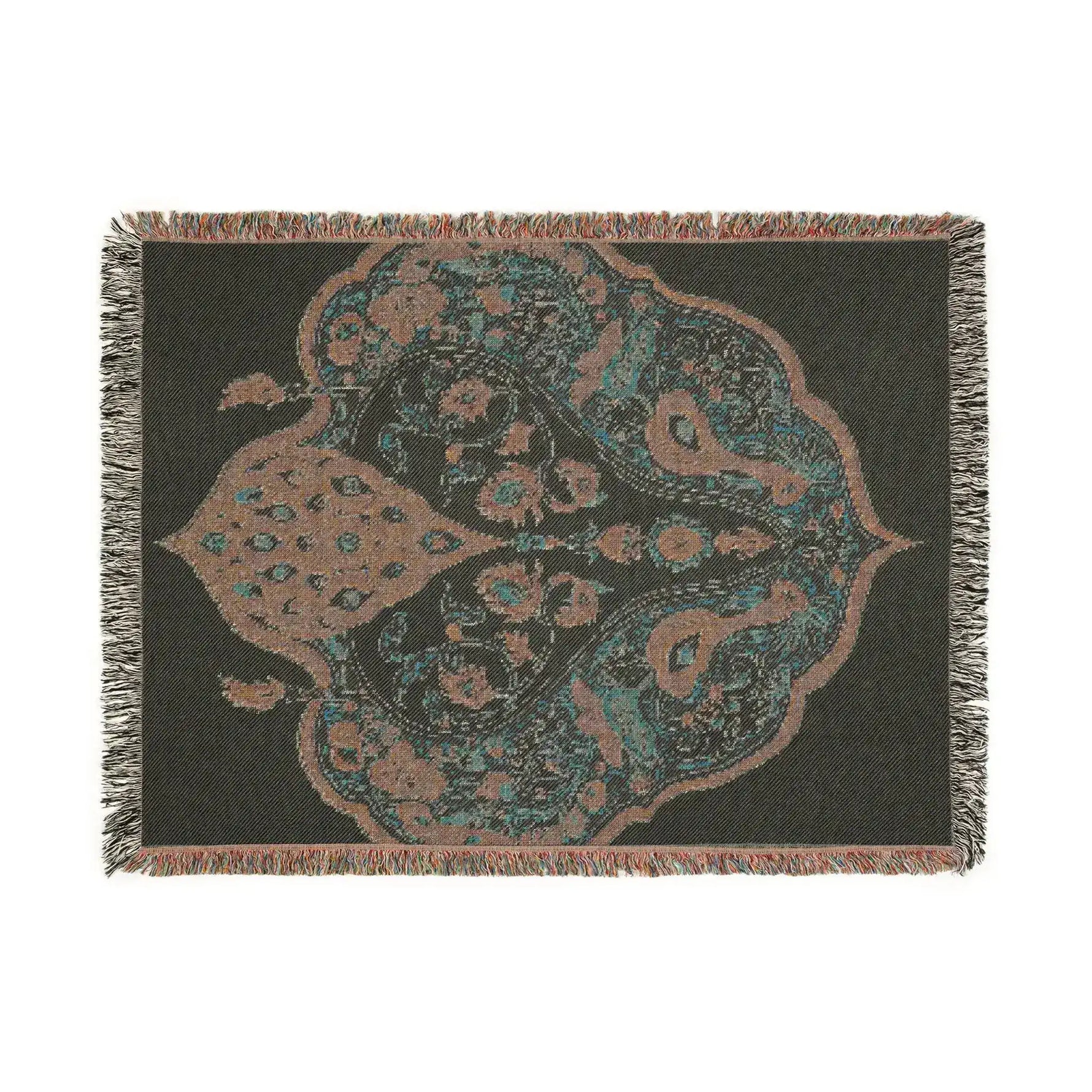 Horizontal woven blanket, charcoal background, teal-rose bird arabesque medallion with multicolor fringe, Intricate Floral and Bird Motif Woven Blanket