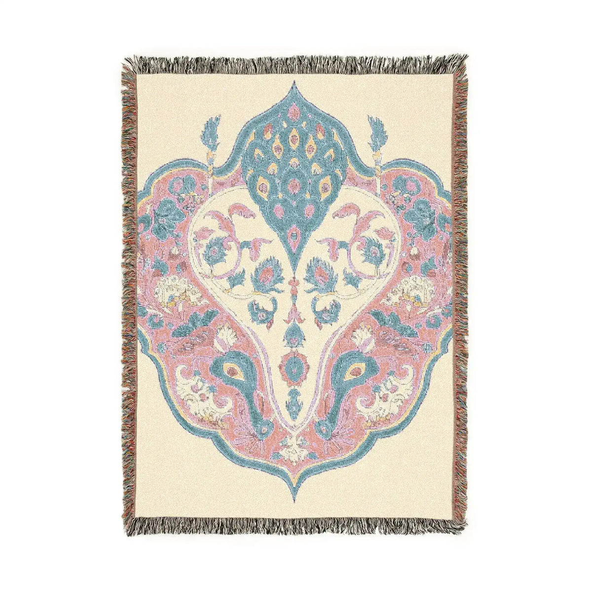 Woven blanket with fringe edges, cream background, pink and blue ornate peacock and floral arabesque medallion, Intricate Floral and Bird Motif Woven Blanket