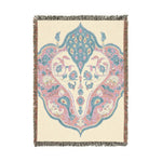 Woven blanket with fringe edges, cream background, pink and blue ornate peacock and floral arabesque medallion, Intricate Floral and Bird Motif Woven Blanket