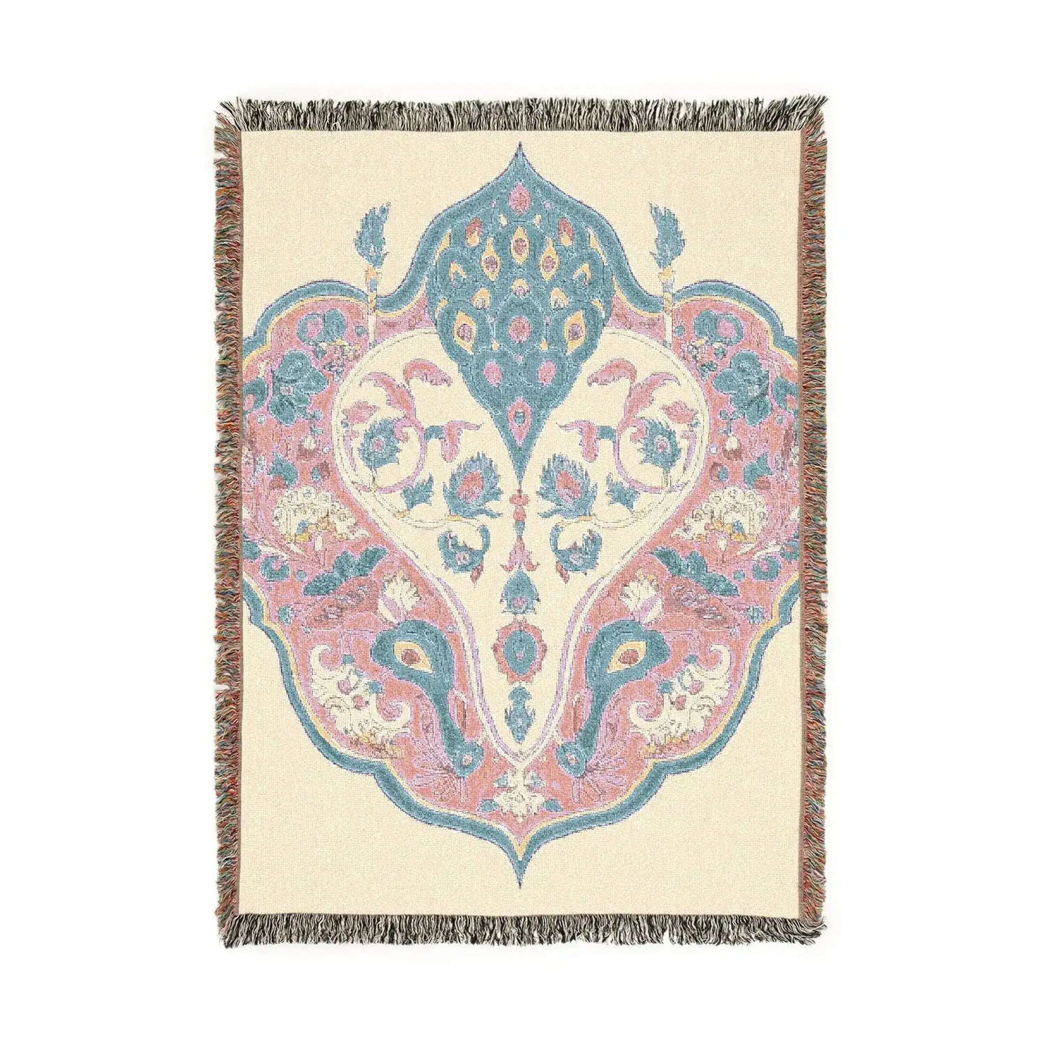 Woven blanket with fringe edges, cream background, pink and blue ornate peacock and floral arabesque medallion, Intricate Floral and Bird Motif Woven Blanket