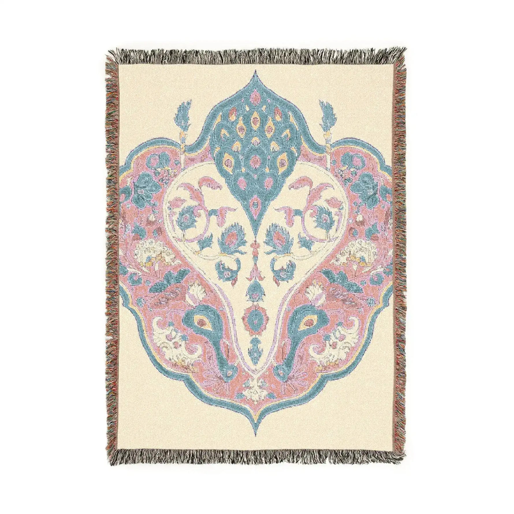 Woven blanket with fringe edges, cream background, pink and blue ornate peacock and floral arabesque medallion, Intricate Floral and Bird Motif Woven Blanket