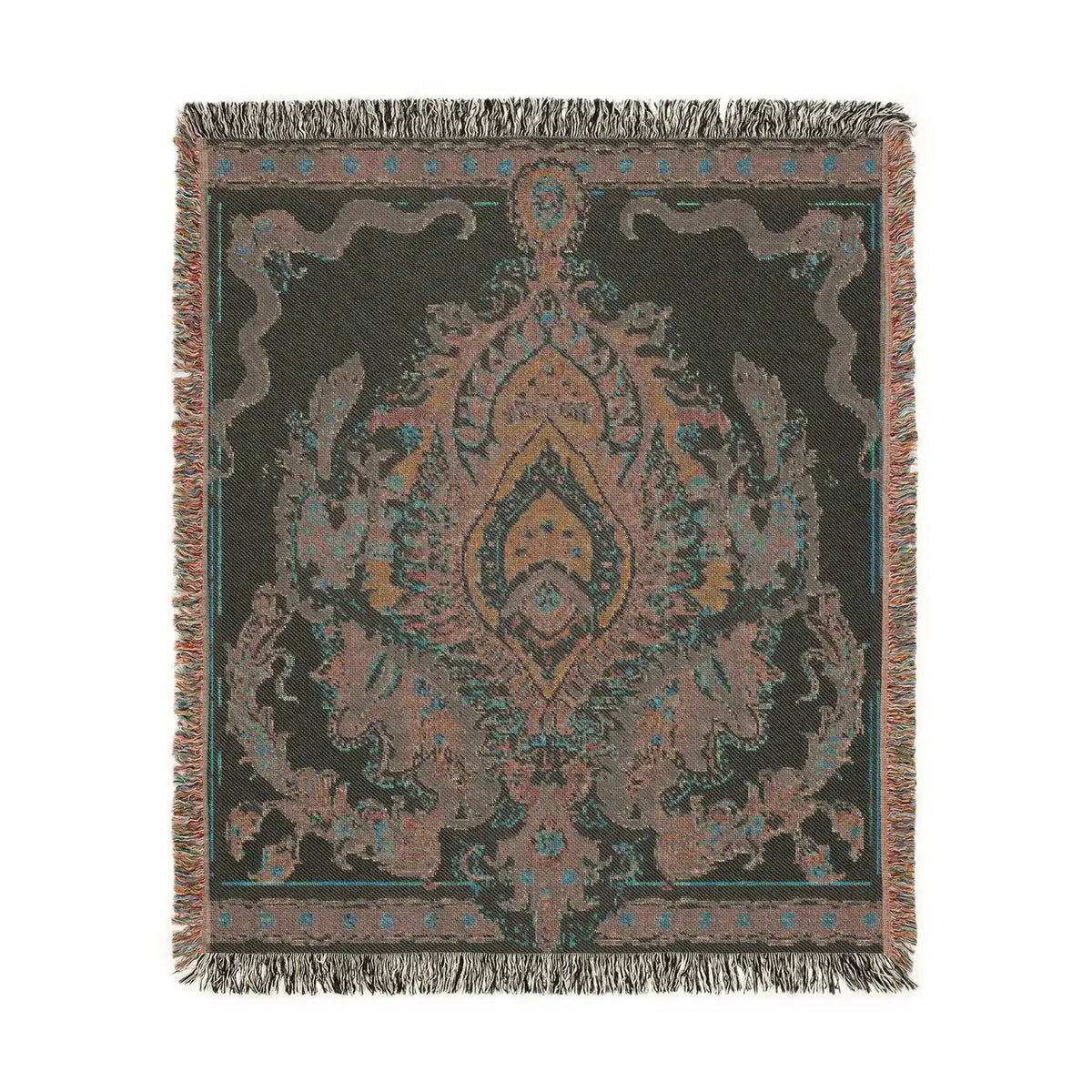 Intricate Floral and Serpentine Woven Blanket full view in dark charcoal colorway with amber and pink central medallion and fringe edge