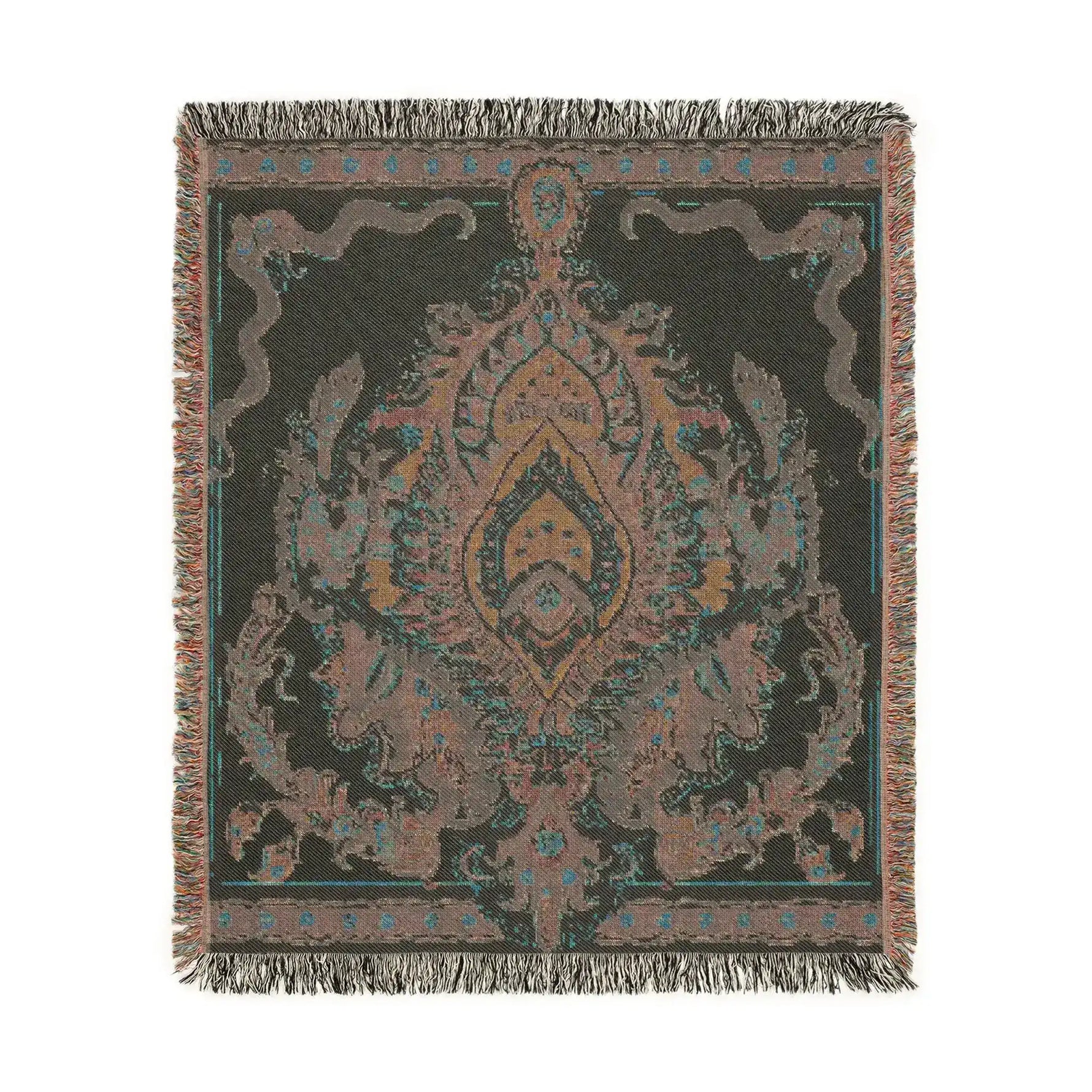 Intricate Floral and Serpentine Woven Blanket full view in dark charcoal colorway with amber and pink central medallion and fringe edge