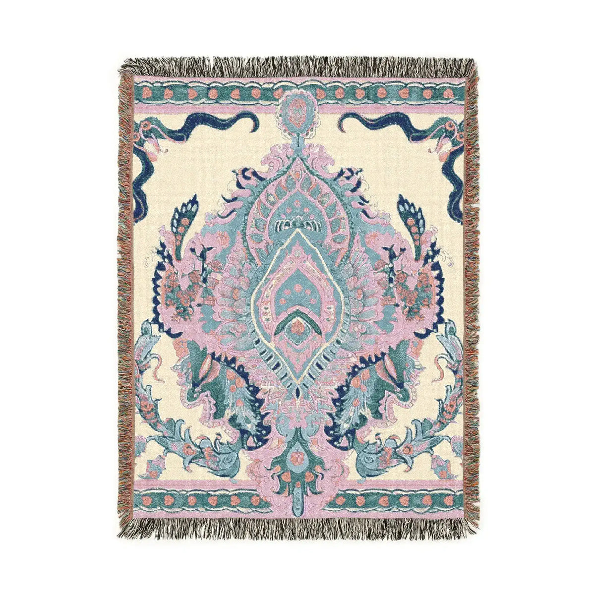 Intricate Floral and Serpentine Woven Blanket front detail, soft blush and teal ornate medallion on ivory woven ground with fringe