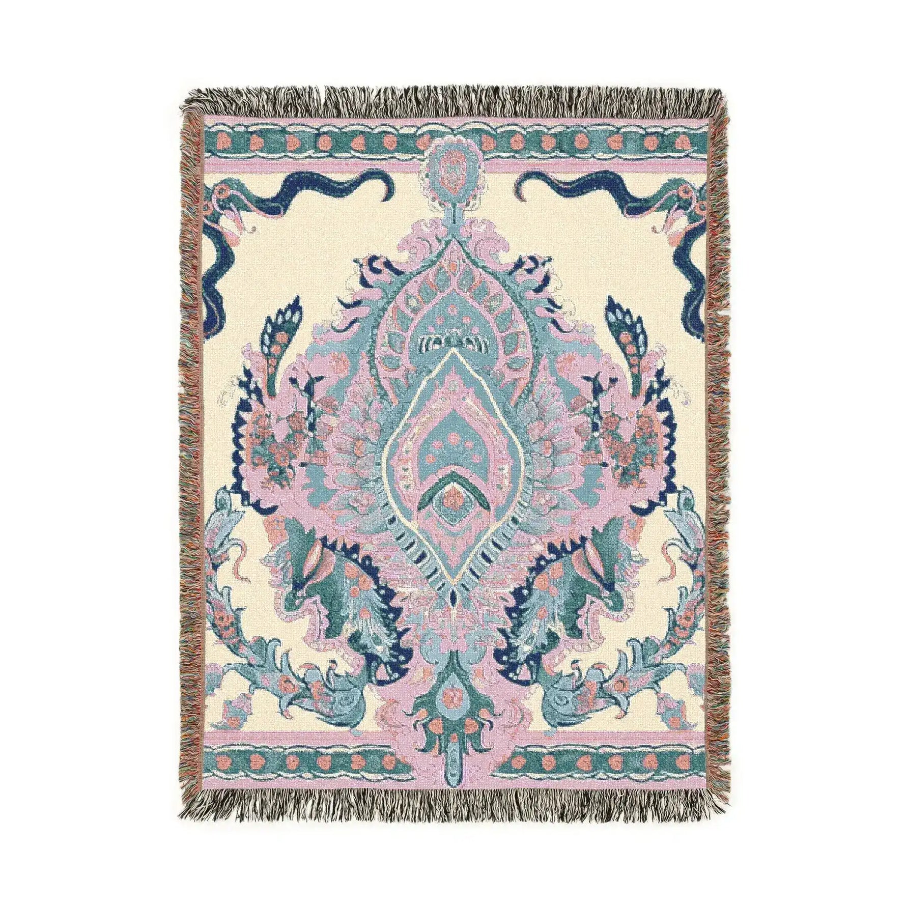 Intricate Floral and Serpentine Woven Blanket front detail, soft blush and teal ornate medallion on ivory woven ground with fringe