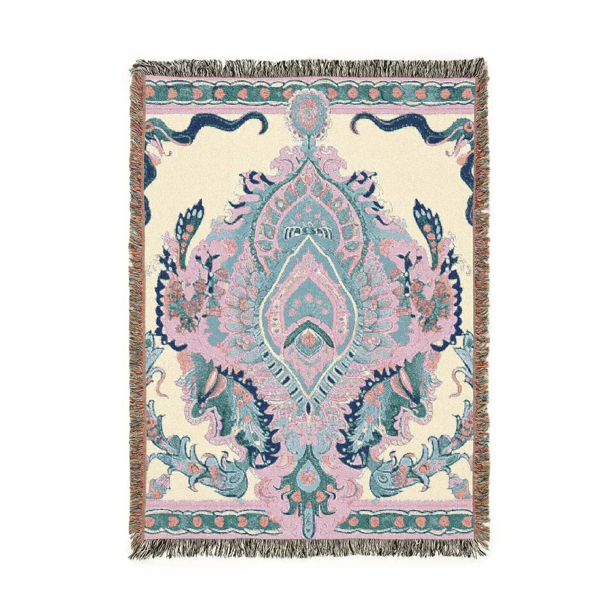 Intricate Floral and Serpentine Woven Blanket full view, cream ground with blush and teal central medallion, serpentine navy border fringe