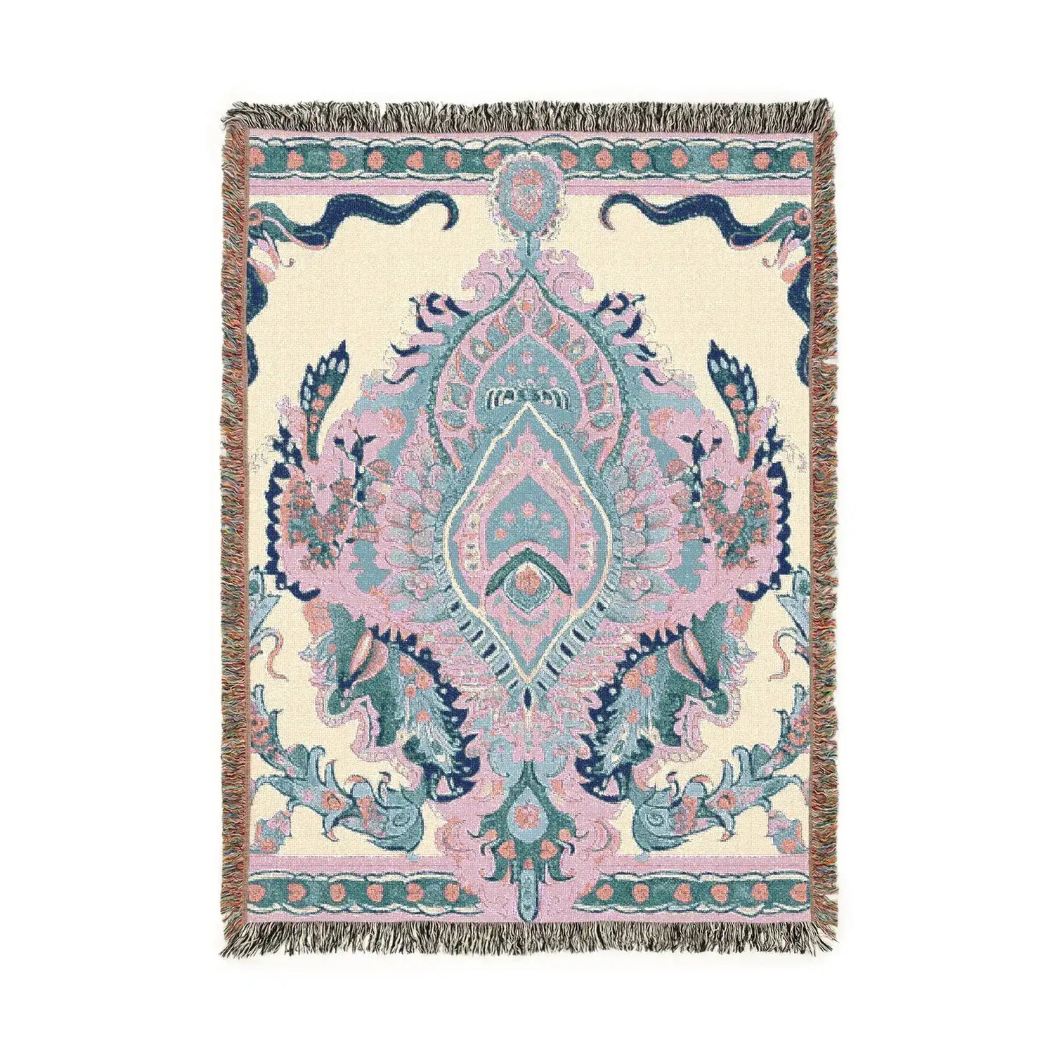 Intricate Floral and Serpentine Woven Blanket full view, cream ground with blush and teal central medallion, serpentine navy border fringe