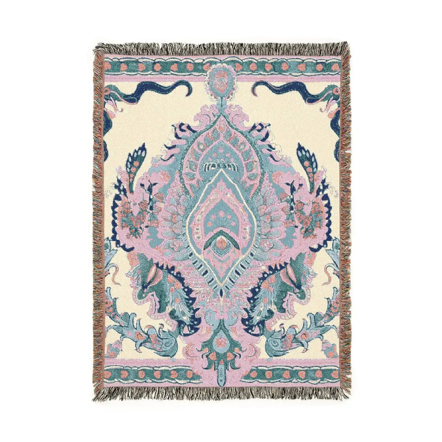 Intricate Floral and Serpentine Woven Blanket full view, cream ground with blush and teal central medallion, serpentine navy border fringe