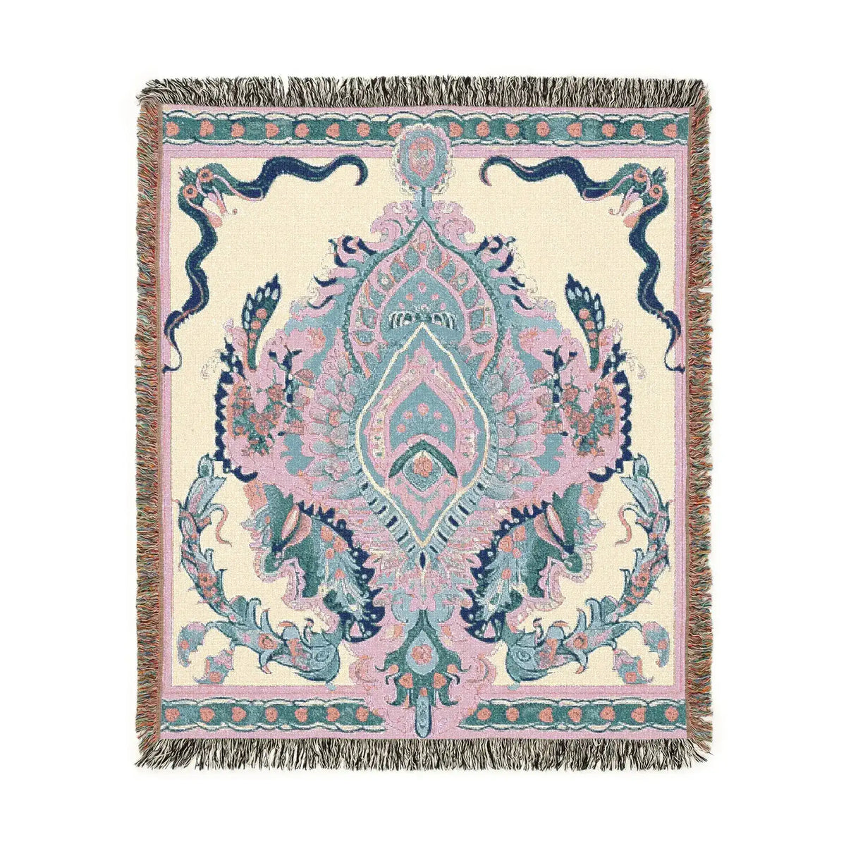 Corner of Intricate Floral and Serpentine blanket rolled back showing orange poppy and blue foliage on dark navy, grey backing