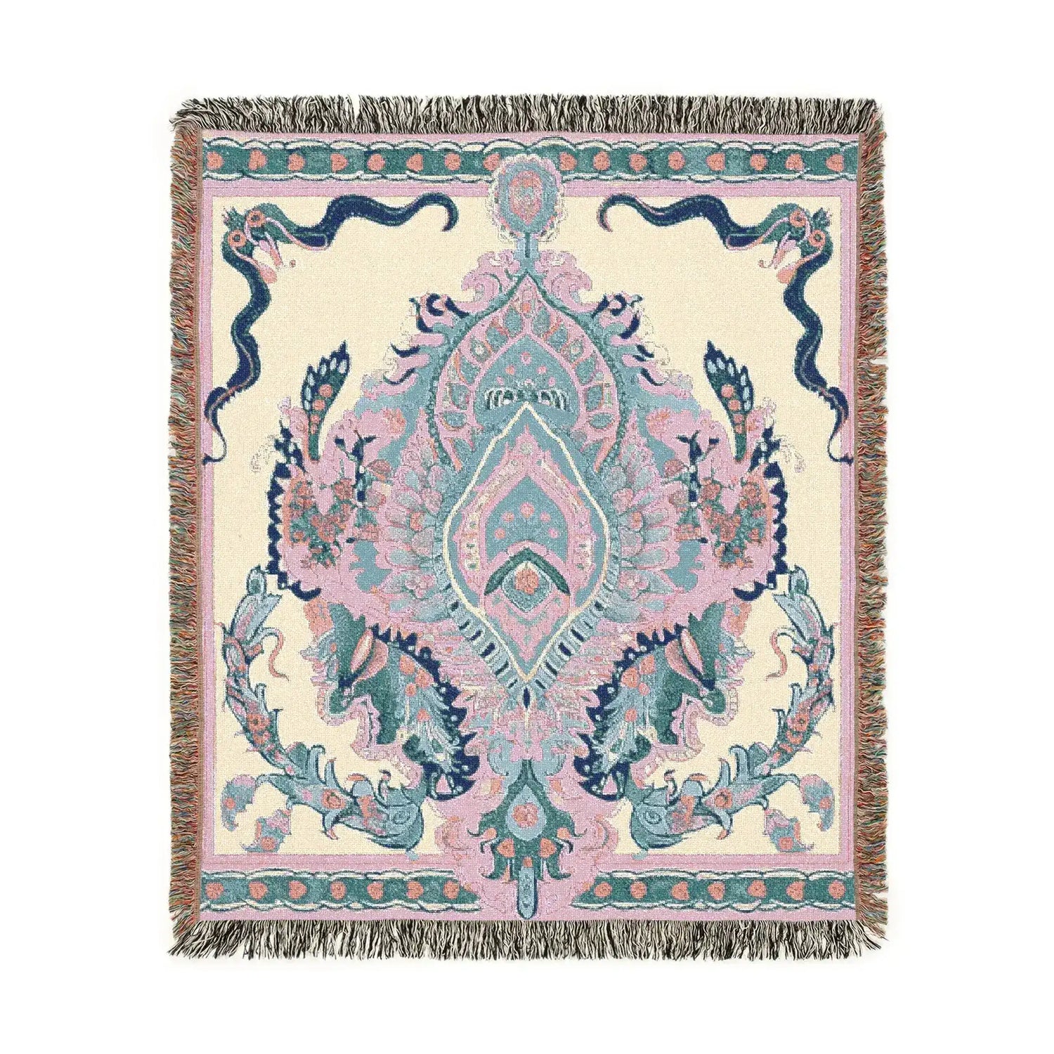 Corner of Intricate Floral and Serpentine blanket rolled back showing orange poppy and blue foliage on dark navy, grey backing