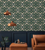 Intricate floral block print wallpaper, cream blooms on deep teal above navy paneling with copper pendants
