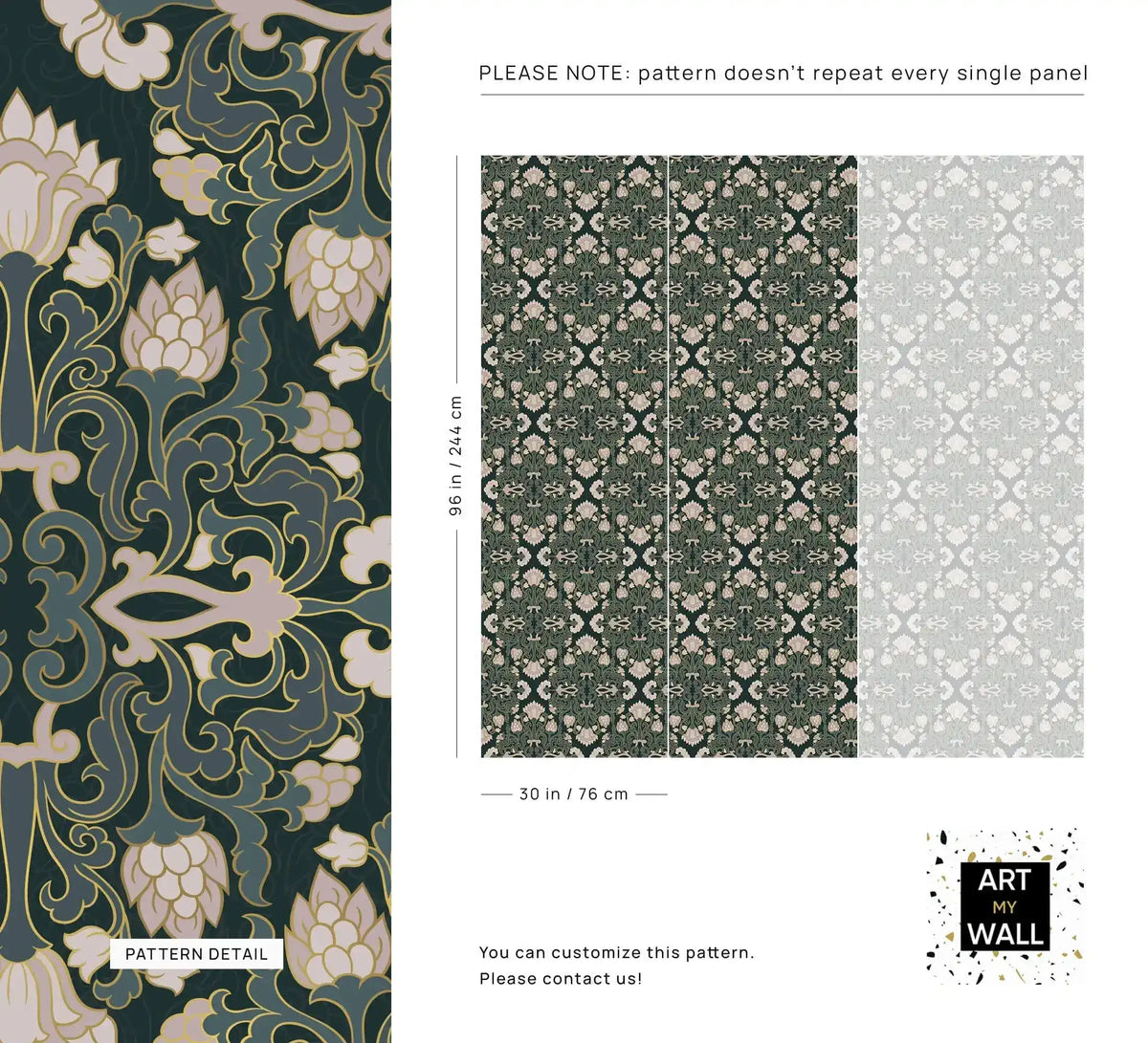 Intricate floral block print wallpaper pattern detail and repeat, cream and gold blooms on deep teal