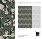Intricate floral block print wallpaper pattern detail and repeat, cream and gold blooms on deep teal