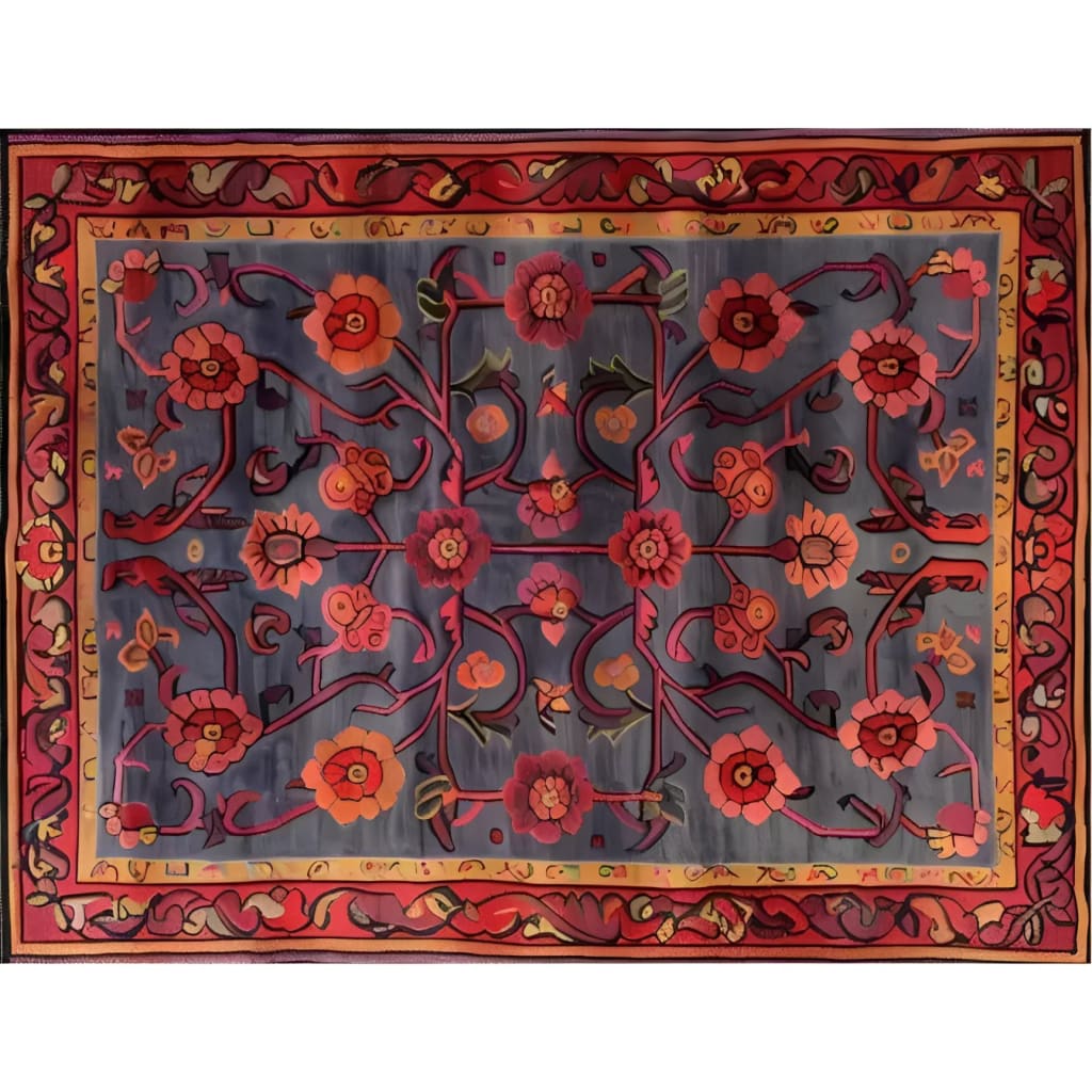 This vibrant area rug features an intricate floral pattern with rich red and orange hues on a deep blue background. Perfect for large living room spaces, this vintage-style wool rug adds a touch of elegance and warmth. Ideal for those seeking living room area rugs with a classic floral design.