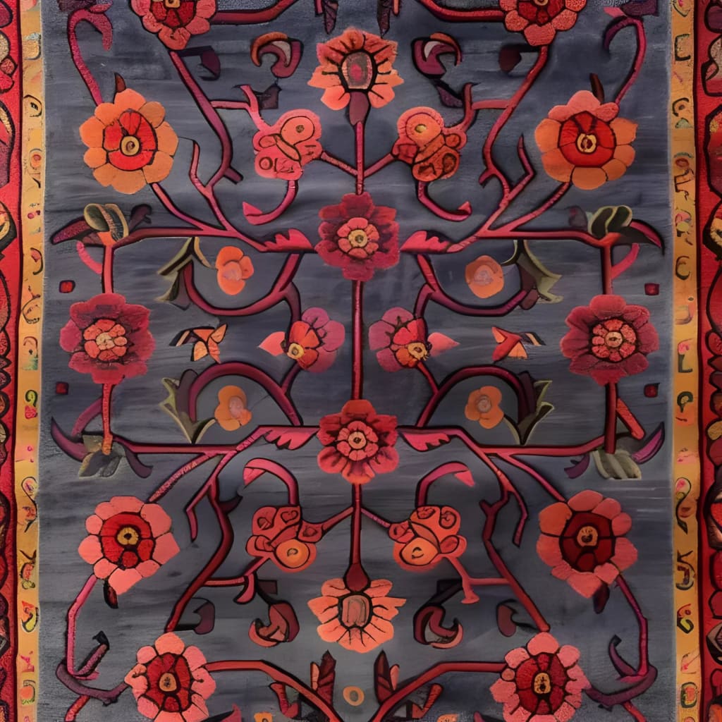 This image showcases an intricate pattern hand-tufted area rug featuring a beautiful floral design. The vintage rug, perfect for a large living room, displays vibrant red and orange flowers on a dark grey background, highlighting the elegance of wool rugs in living room spaces.