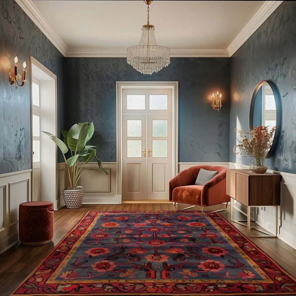 Elegant living room featuring a large, intricate pattern hand-tufted area rug with a vintage floral design. The wool rug adds warmth to the stylish space, complemented by a plush armchair and sophisticated decor. Perfect for enhancing large living room areas.