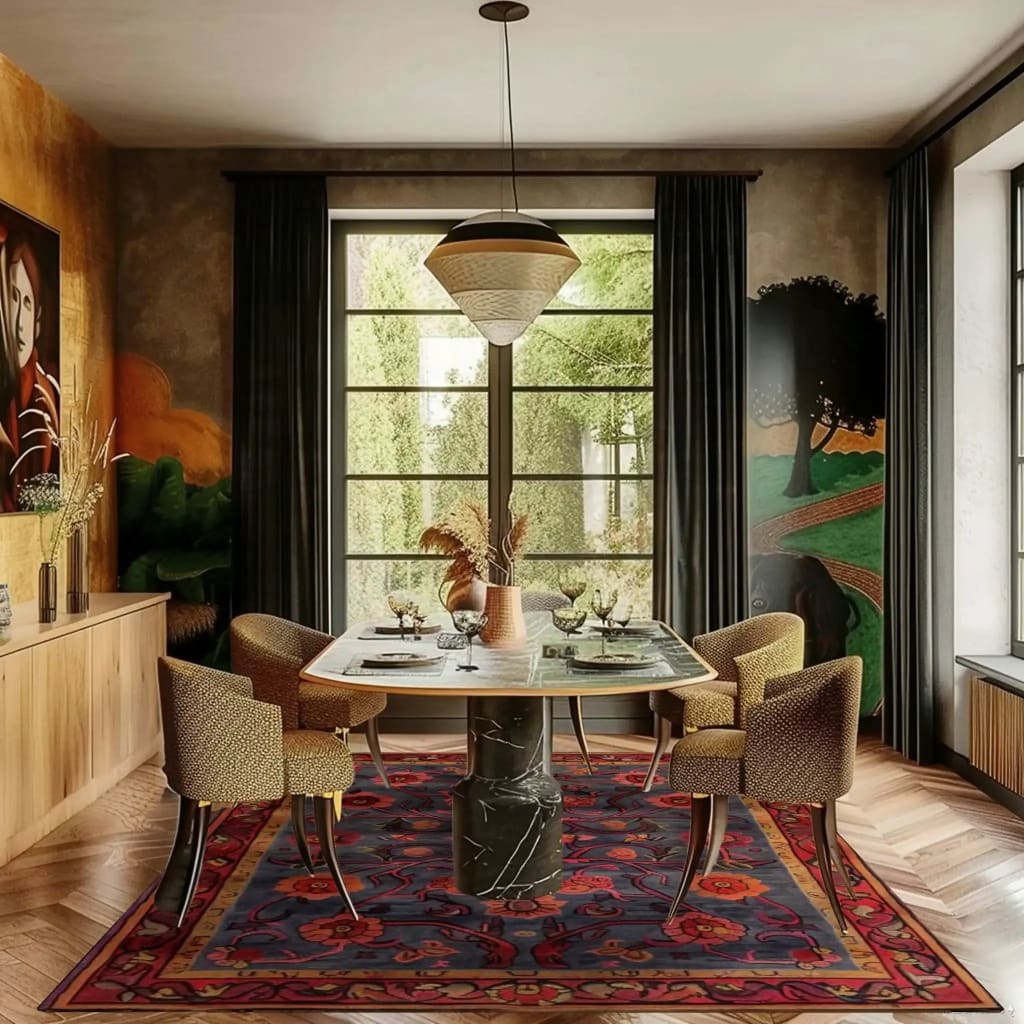 A beautifully designed living room area featuring an intricate pattern hand-tufted area rug with a vintage floral design. The large wool rug adds warmth and texture to the space, complementing the elegant dining setup and large windows that let in natural light.