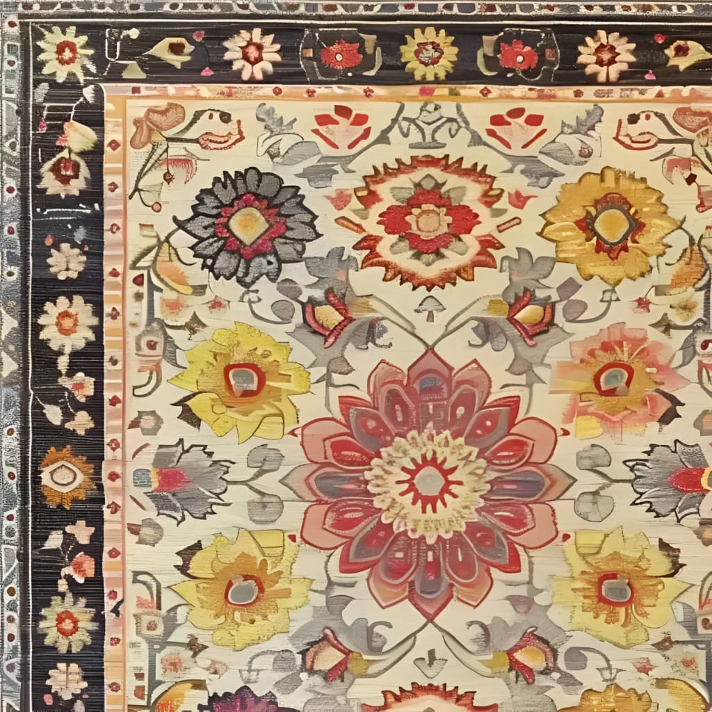 This vibrant area rug features an intricate floral design with a vintage charm, perfect for enhancing living room spaces. The hand-tufted wool rug showcases a rich tapestry of colors including reds, yellows, and blues, adding a touch of elegance to any living room decor.