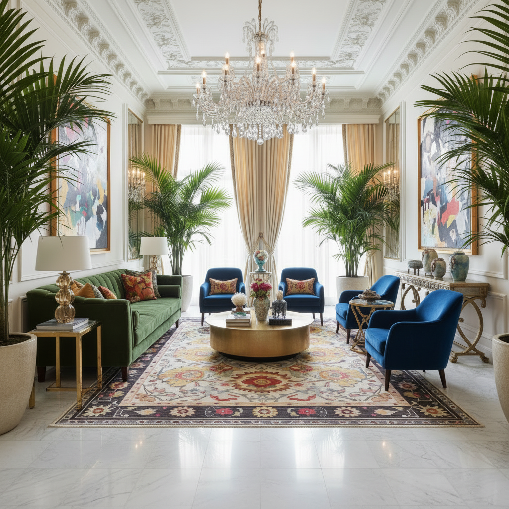 Luxurious living room with green sofa, a traditional floral wool rug, blue armchairs, and decorative elements.