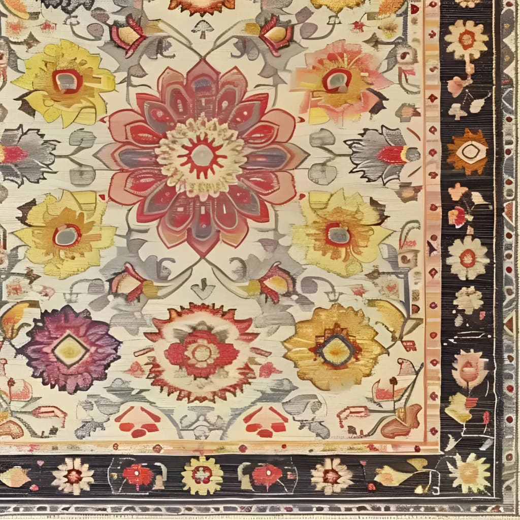 Close-up of an intricately designed hand-tufted area rug featuring vibrant floral patterns in red, yellow, and purple hues, ideal for adding a vintage touch to living room spaces. This wool rug showcases a detailed border and is perfect for those seeking unique living room area rugs with a floral theme.
