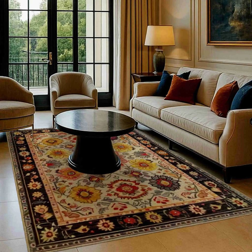 A cozy living room featuring an intricate tapestry hand-tufted area rug with a vibrant floral design. This vintage wool rug adds warmth and elegance to the space, complementing the neutral-toned furniture and creating a welcoming atmosphere. Perfect for those seeking stylish rugs for living room decor.