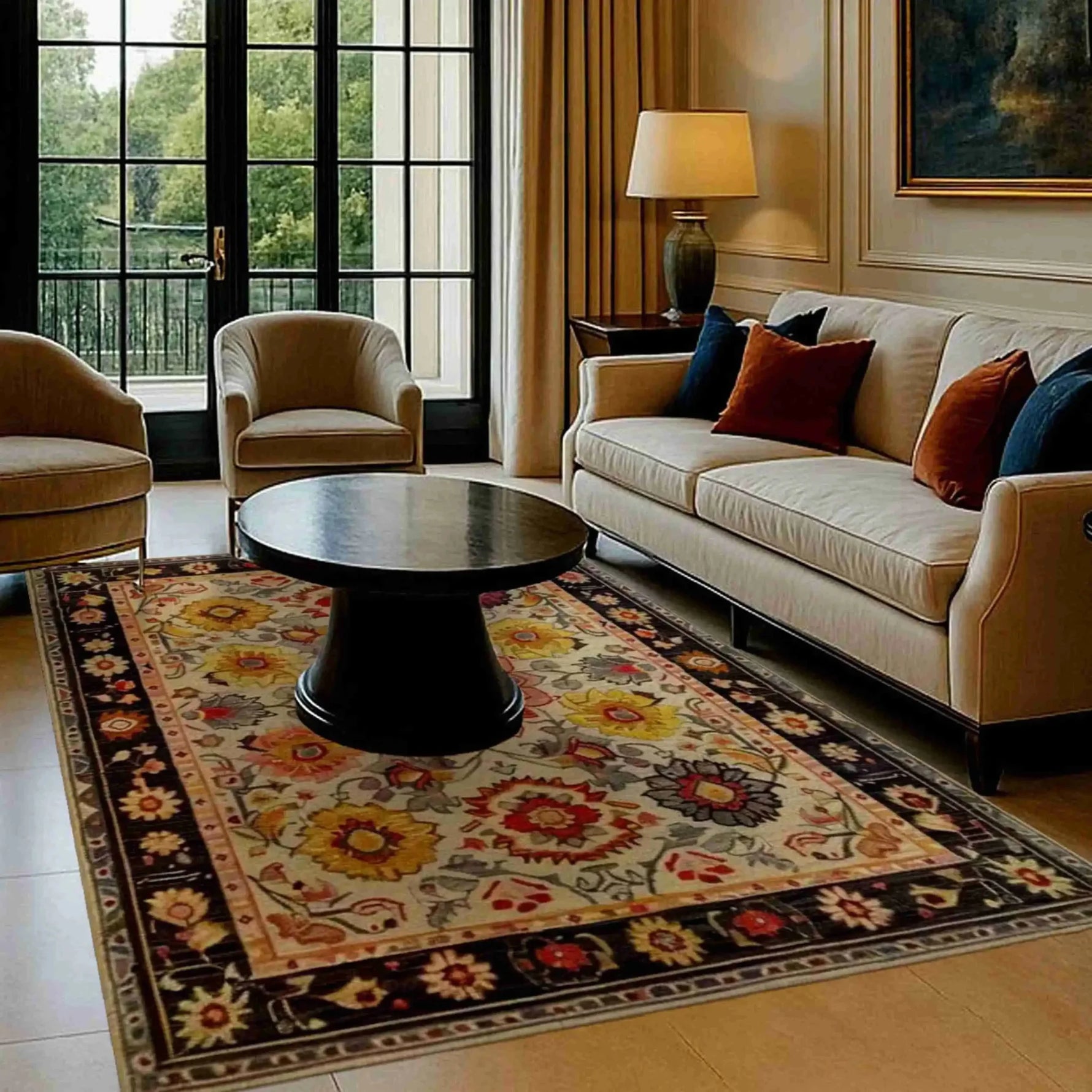 A cozy living room featuring an intricate tapestry hand-tufted area rug with a vibrant floral design. This vintage wool rug adds warmth and elegance to the space, complementing the neutral-toned furniture and creating a welcoming atmosphere. Perfect for those seeking stylish rugs for living room decor.