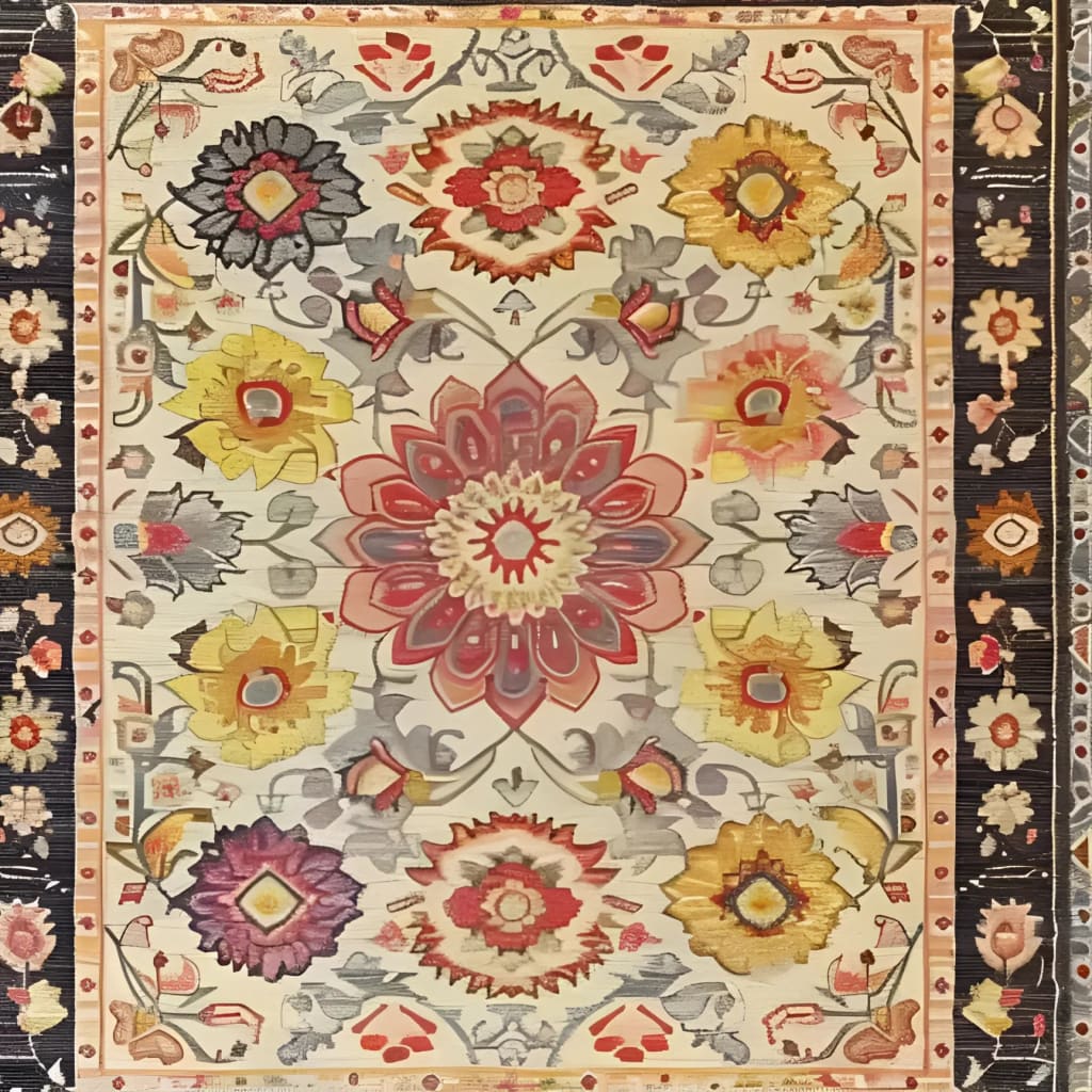 Intricate tapestry hand tufted area rug featuring a vibrant floral design. The vintage-inspired wool rug showcases colorful blooms in shades of red, yellow, and purple, perfect for enhancing living room decor. A beautiful choice for those seeking elegant rugs for living rooms.