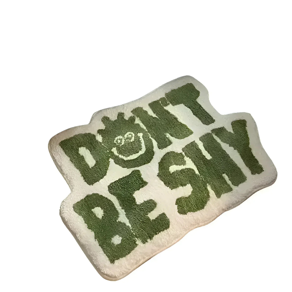 A whimsical area rug with the phrase 'Don't Be Shy' in bold green letters, perfect for adding a playful touch to living room area rugs. This irregularly shaped rug features a unique design that stands out in any space, making it an ideal choice for area rugs for living room decor.