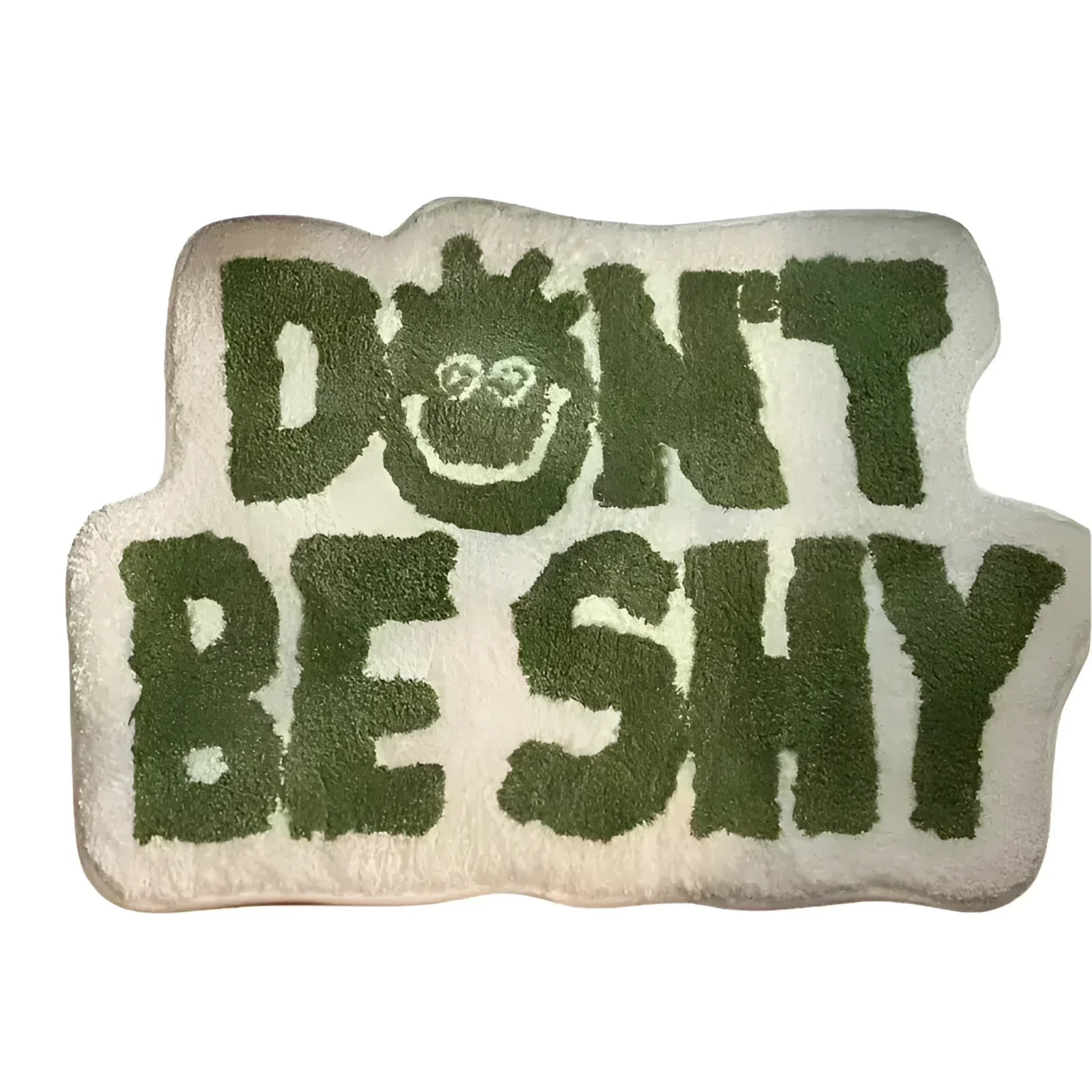 Irregular 'Don't Be Shy' area rug featuring bold green lettering on a white background, perfect for adding a playful touch to living room area rugs or any area rugs for living room.