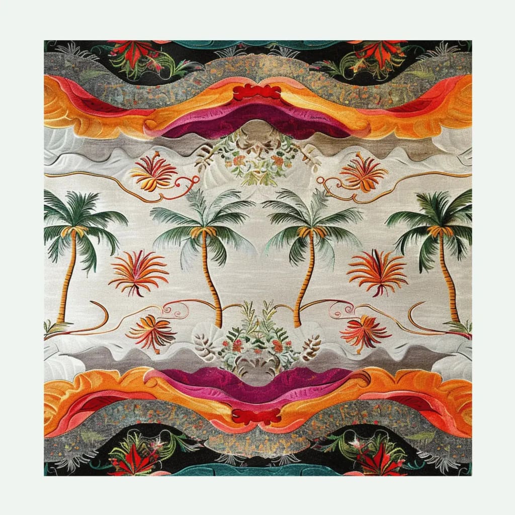 Island Escape Tapestry Hand Tufted Rug depicting a vibrant tropical design. This square area rug features colorful palm trees and abstract patterns, perfect for adding a splash of color to any dining room or office. Made from wool, it's ideal for formal dining room settings.